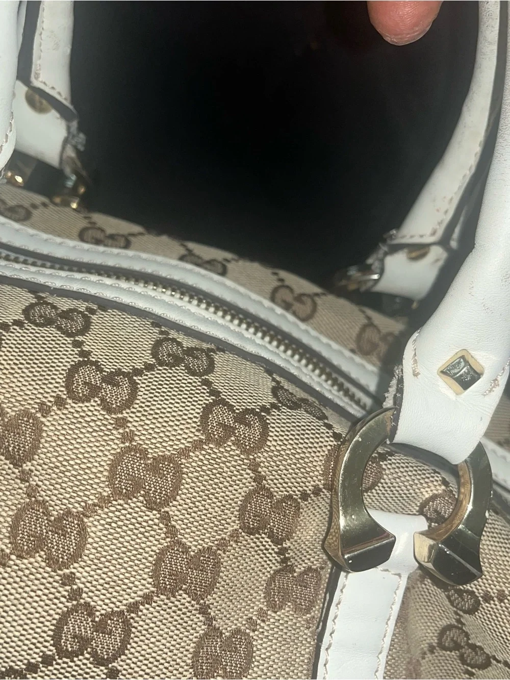 Gucci Beige GG Canvas Satchel with White Leather Trim
